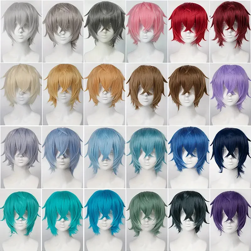 Color: Auburn, Stretched Length: 12inches - Unisex Short Bob Cosplay Wig with Bangs | Blonde Purple Gray Color | Halloween Party Lolita Costume Wig