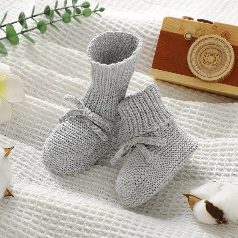 Color: Brown, Baby Age: 13-18 Months - Infant Baby Shoes Knit Cotton Boys Girl Boots Fashion Tie Solid Newborn Walk Bed Footwear Toddler Kid Clothing Accessories 0-18M