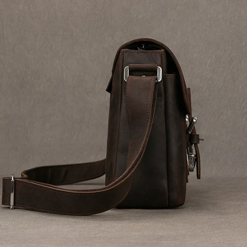 Color: black - Top Layer Cowhide Crazy Horse Leather 9.7 "iPad Leather Shoulder Bag Crossbody Handbag For Men Male Messenger Bag