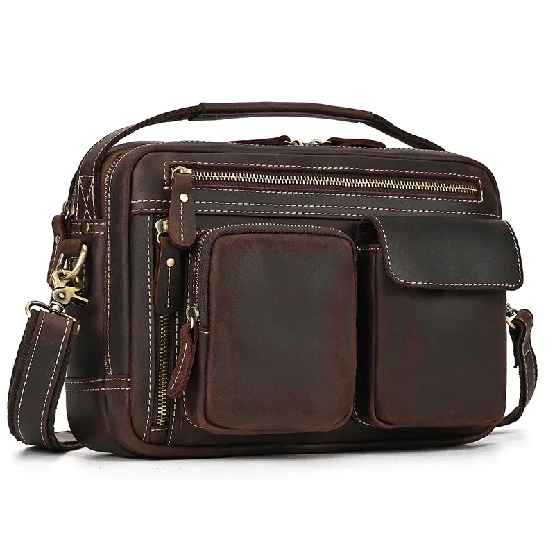 Color: black - Top Layer Cowhide Crazy Horse Leather 9.7 "iPad Leather Shoulder Bag Crossbody Handbag For Men Male Messenger Bag