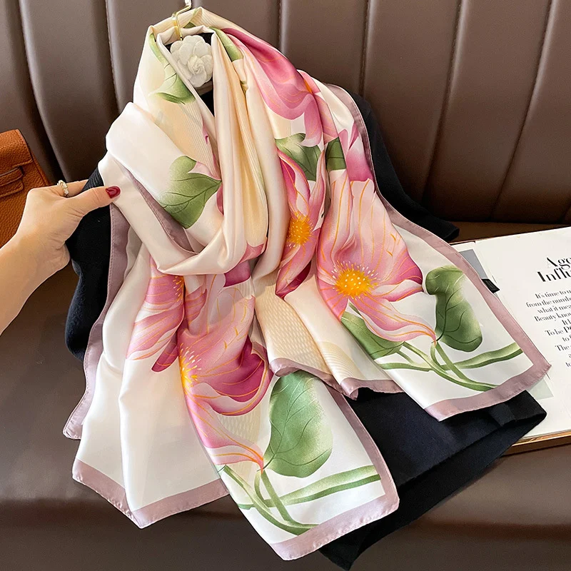 Color: Beige, Size: One Size - Women 180*90cm Fashion Beautiful Soft Silk Scarves female Lady Shawl Hijab Wrap Foulard Bandanna Muffler Beach Pareo