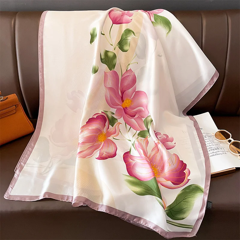 Color: Beige, Size: One Size - Women 180*90cm Fashion Beautiful Soft Silk Scarves female Lady Shawl Hijab Wrap Foulard Bandanna Muffler Beach Pareo