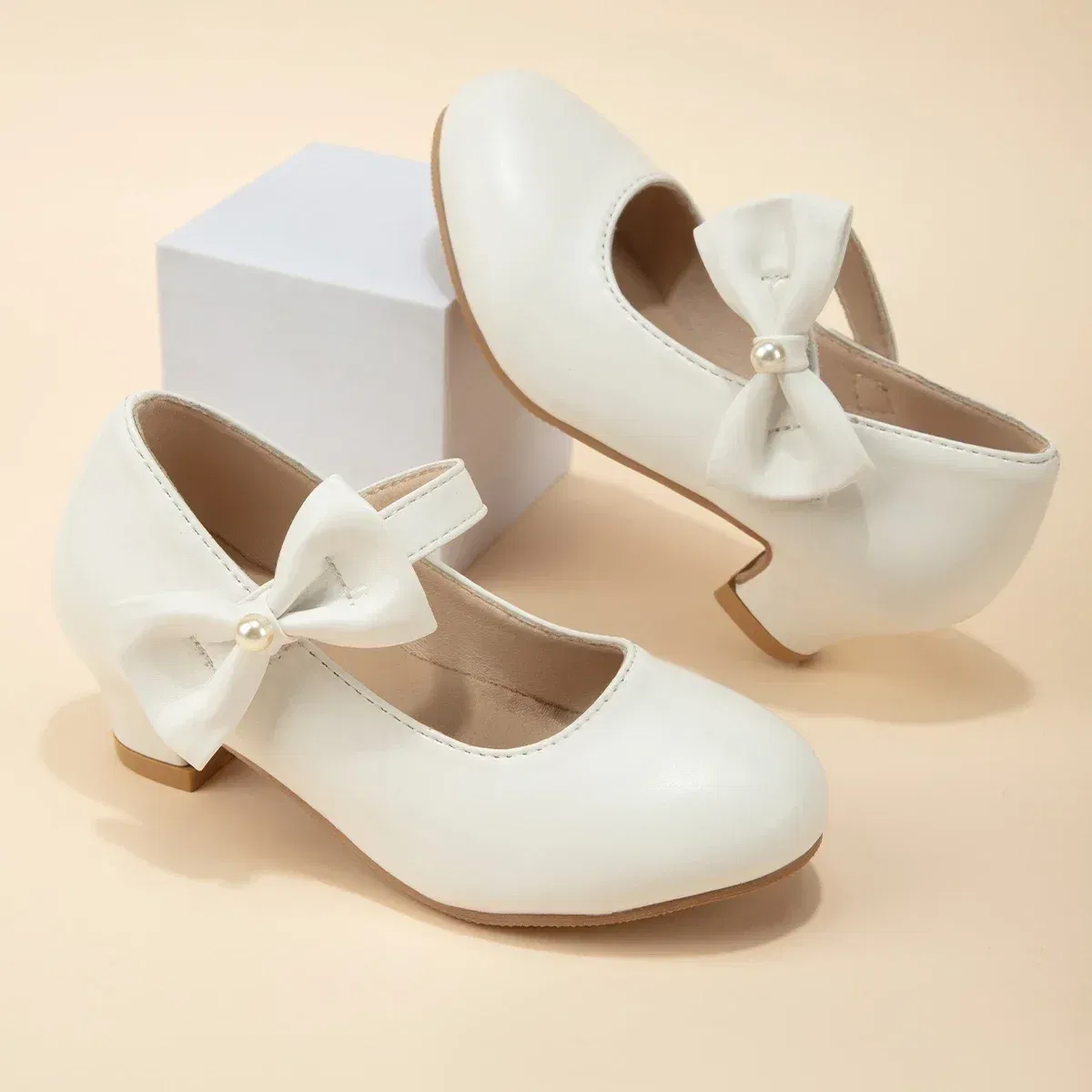 Shoe Size: 33, Color: WHITE - Children's Bowknot Wedding Party Princess Shoes Big Kids White Gold Dance Dress Shoes Small Square Heel Children's Shoes