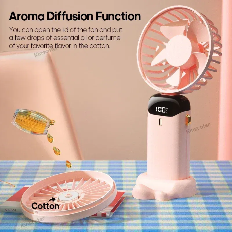 Color: khaki - Handheld Mini Fan 3000mAh Foldable Portable Neck Hanging Fans 5 Speed USB Rechargeable Fan with Phone Stand and Display Screen
