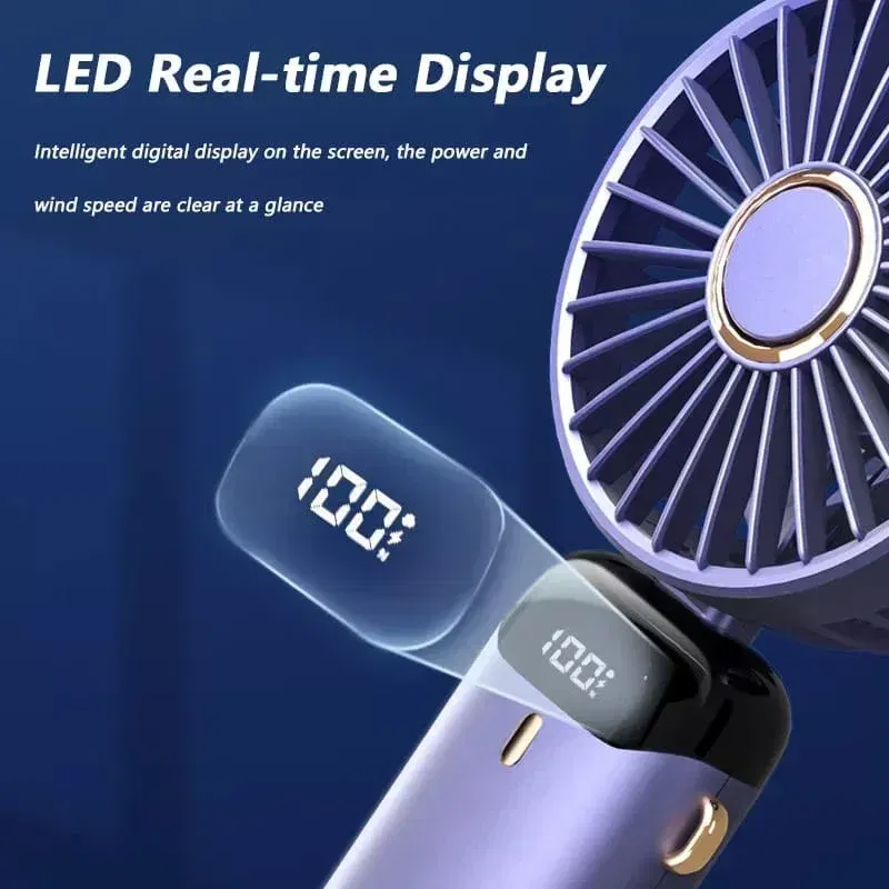 Color: khaki - Handheld Mini Fan 3000mAh Foldable Portable Neck Hanging Fans 5 Speed USB Rechargeable Fan with Phone Stand and Display Screen
