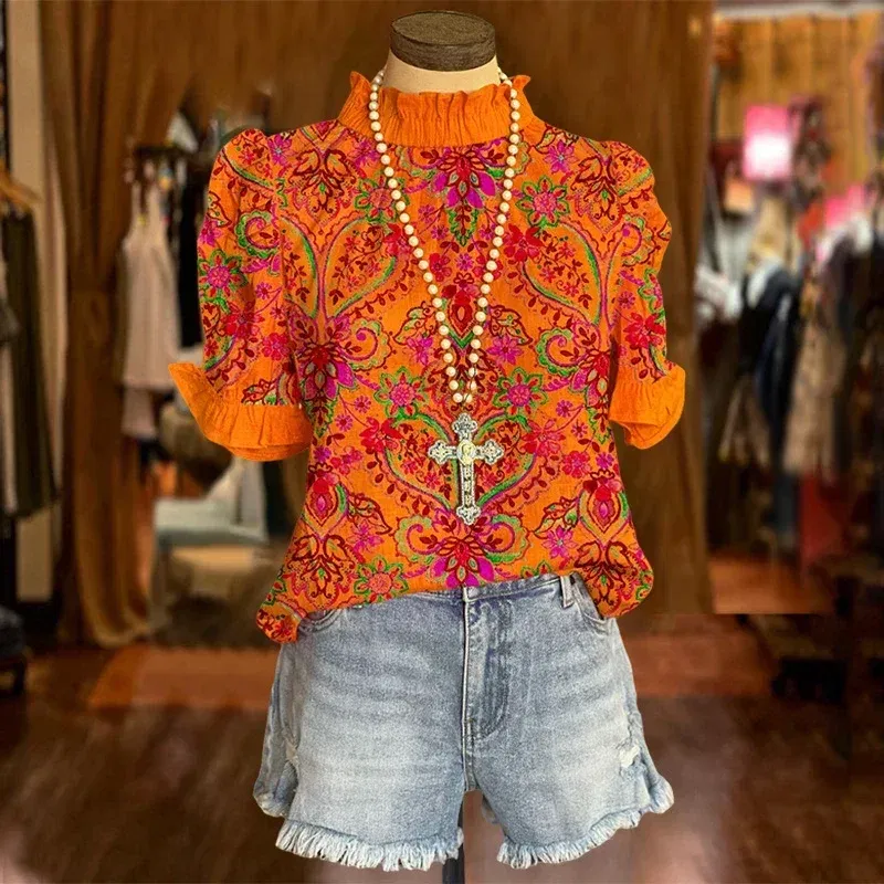 Women's Elegant  Blouse Puff Sleeve Paneled Graphic Print Top
