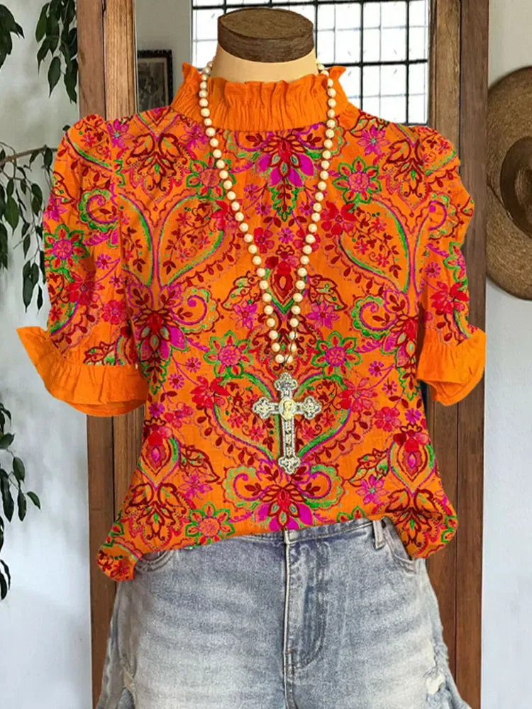 Women's Elegant Blouse Puff Sleeve Paneled Graphic Print Top