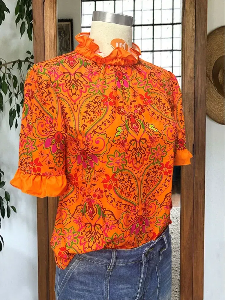 Women's Elegant Blouse Puff Sleeve Paneled Graphic Print Top
