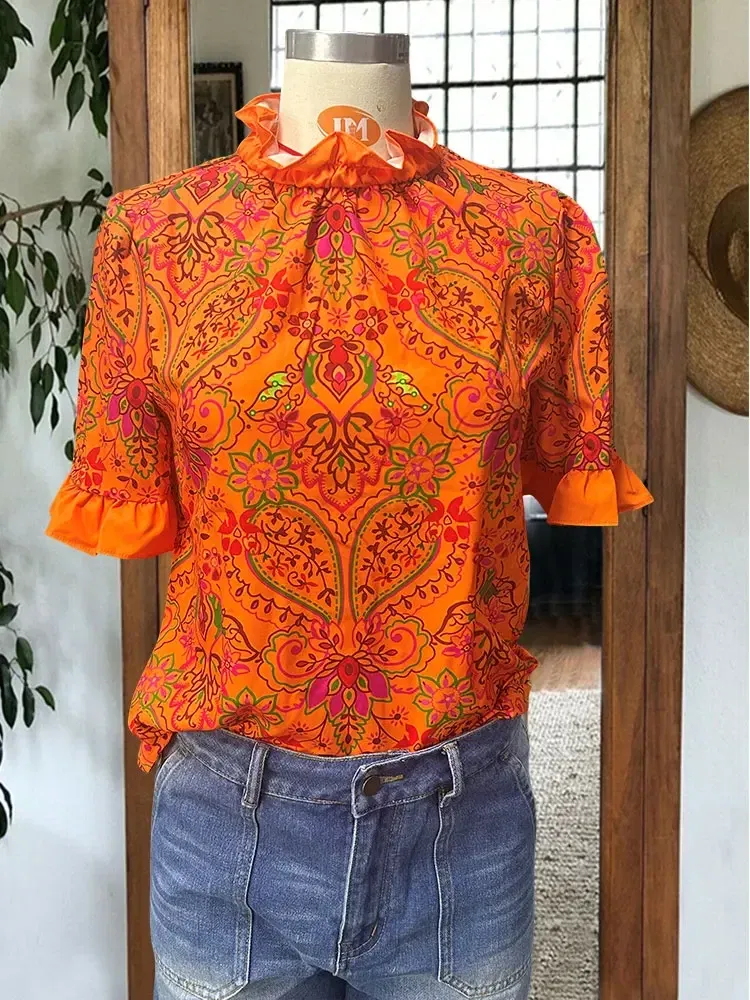 Women's Elegant Blouse Puff Sleeve Paneled Graphic Print Top