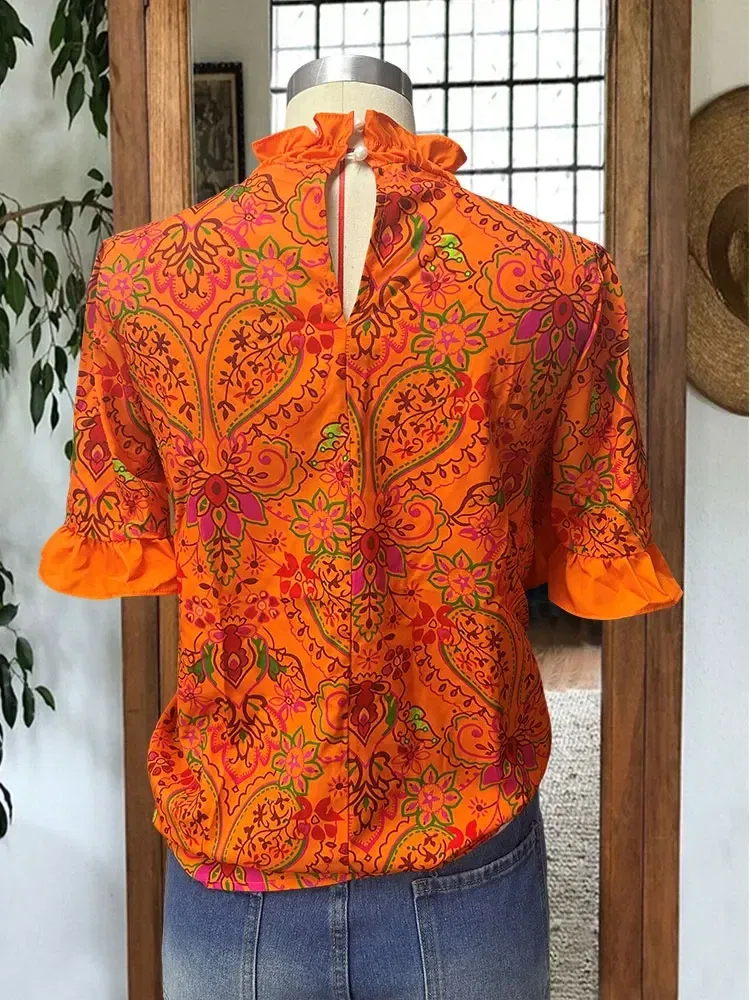 Women's Elegant Blouse Puff Sleeve Paneled Graphic Print Top