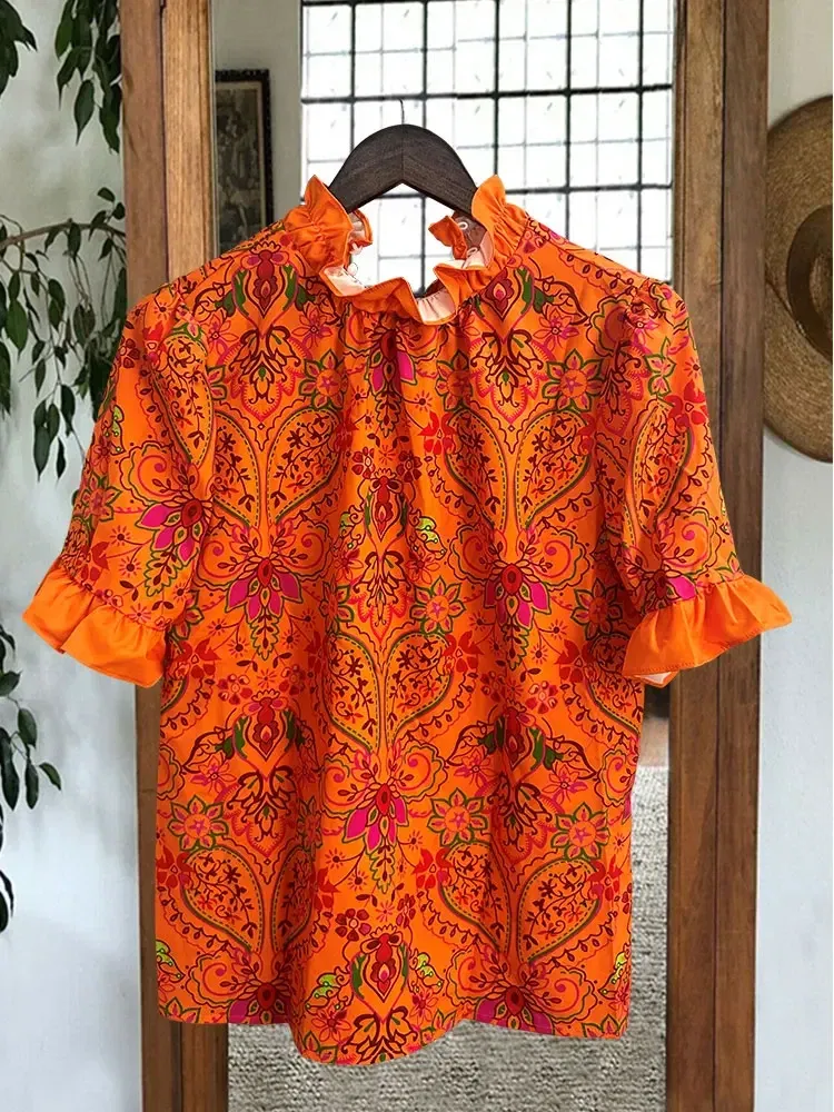 Women's Elegant Blouse Puff Sleeve Paneled Graphic Print Top