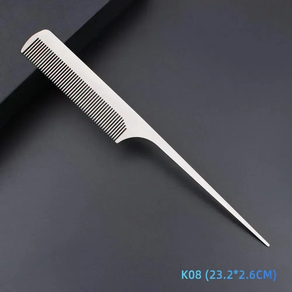 Color: GRAY - MJ Stainless Steel Cutting Metal Tail Combs Silver Fine Cutting Comb Set Hairdressing Steel Rat Tail Comb
