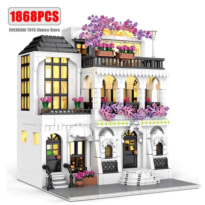 Color: WHITE - MOC Creative European Architecture Building Blocks Garden Hotel Flower Street Villa Street View Bricks Ideas Toy For Friend Gift