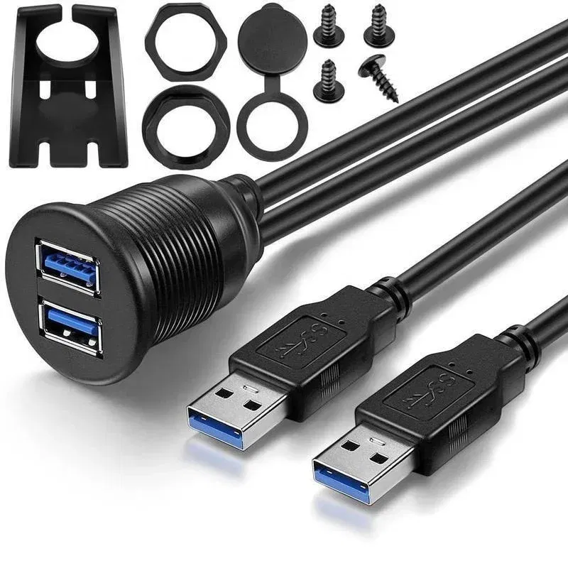 Cable length: 3m, Color: black - Dual USB 3.0 Male To USB 3.0 Female Extension Cable with Flush Mount Panel for Car Truck Boat Motorcycle