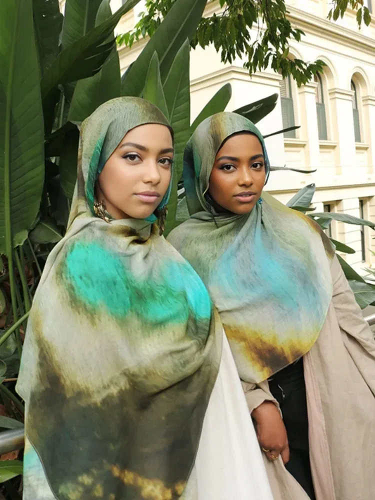 Color: Multicolor - 1Pcs Ramadan Hijab Leopard Print Women Bohemian Watercolor Soft Muslim Hijabs Floral Breathable Shawl Wrap Scarf Headscarf Warm