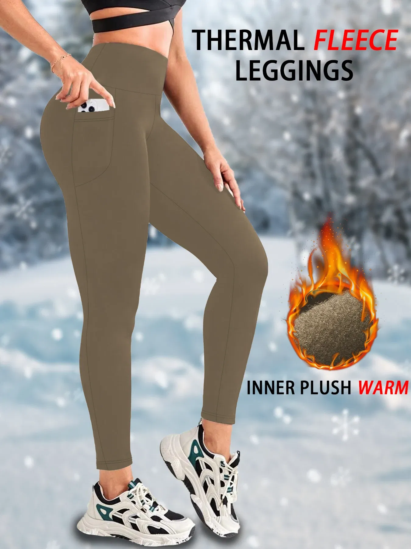 Color: Brown, Size: S - Womens Thermal Fleece Lined High Waisted with pockets Leggings, Workout Winter Warm Thick Tights Soft Yoga Running Pants