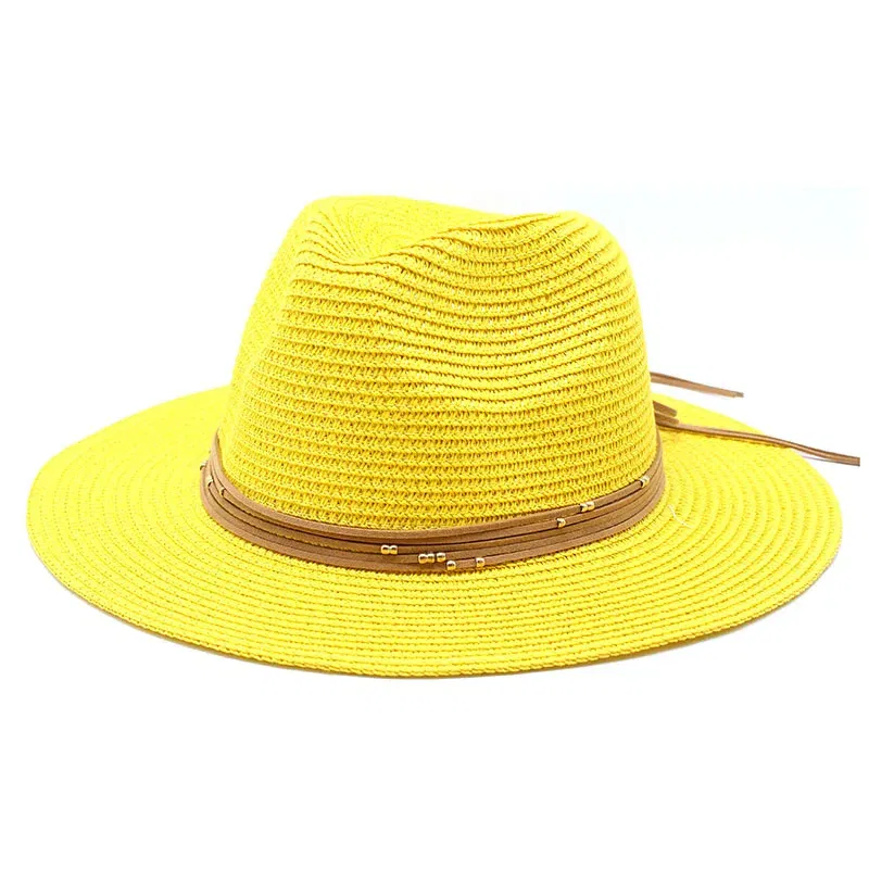 Color: Yellow, Size: M - Big Size 60CM New Straw Hat 7cm Brim Summer Cooling Beach Sun Hat Outdoor Party Panama Jazz Hat Sombreros De Mujer