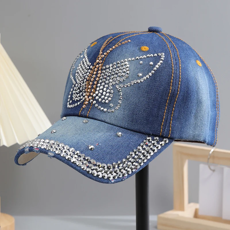 Color: ROYAL BLUE, Size: Adjustable - A Women?™s Sparkle Bling Rhinestone Bejeweled Cotton Denim Baseball Cap