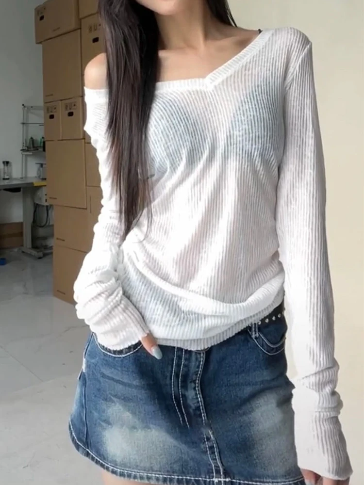 Color: GRAY, Size: XL - Women Long Sleeve T Shirt Thin Perspective Summer Solid Slim Casual Shirts Female Pullovers Basic Tee Y2k Clothes Streetwear Top