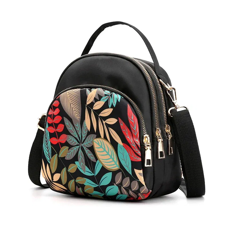 Color: PURPLE, Size: 16 inches - Fashion Printing Backpack Women Large Capacity Nylon Rucksack Multilayer Crossbody Bag School Bags Waterproof Travel Knapsack