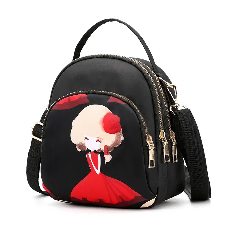 Color: PURPLE, Size: 16 inches - Fashion Printing Backpack Women Large Capacity Nylon Rucksack Multilayer Crossbody Bag School Bags Waterproof Travel Knapsack