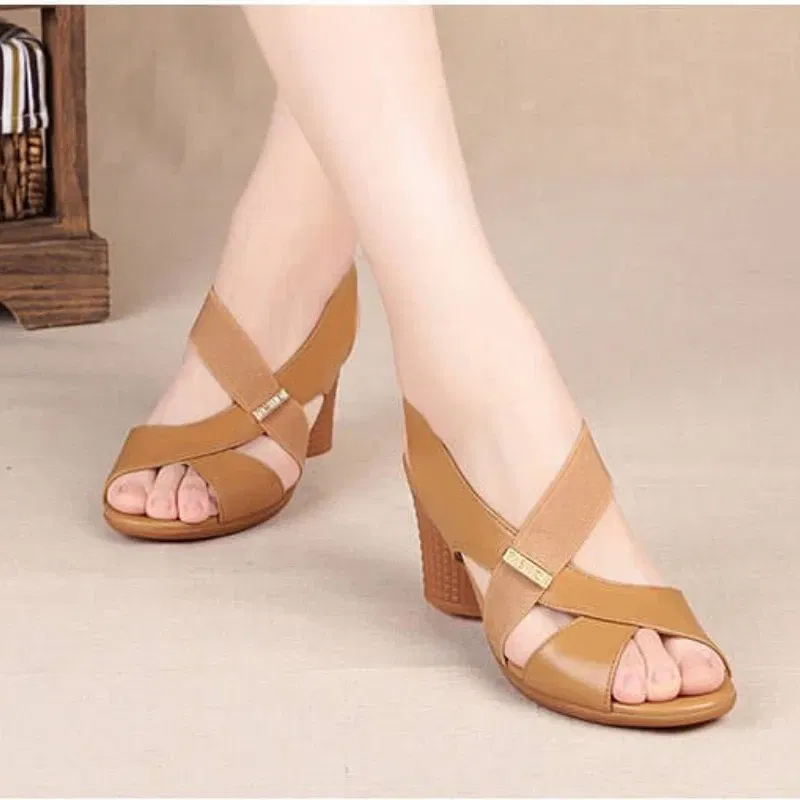 Color: Khaki, Shoe Size: 39 - New Mid-heel Sandals Women Summer Shoes Comfortable High Heels Thick Heel Peep Toe Non-slip Soft Bottom Mother Shoes Slip-On