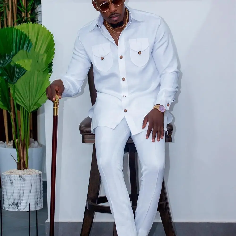 Color: Silver, Size: XXL - 2025 New men's suit, white pocket, 2-piece set, luxury wedding casual suit, traditional African style of ethnic minorities