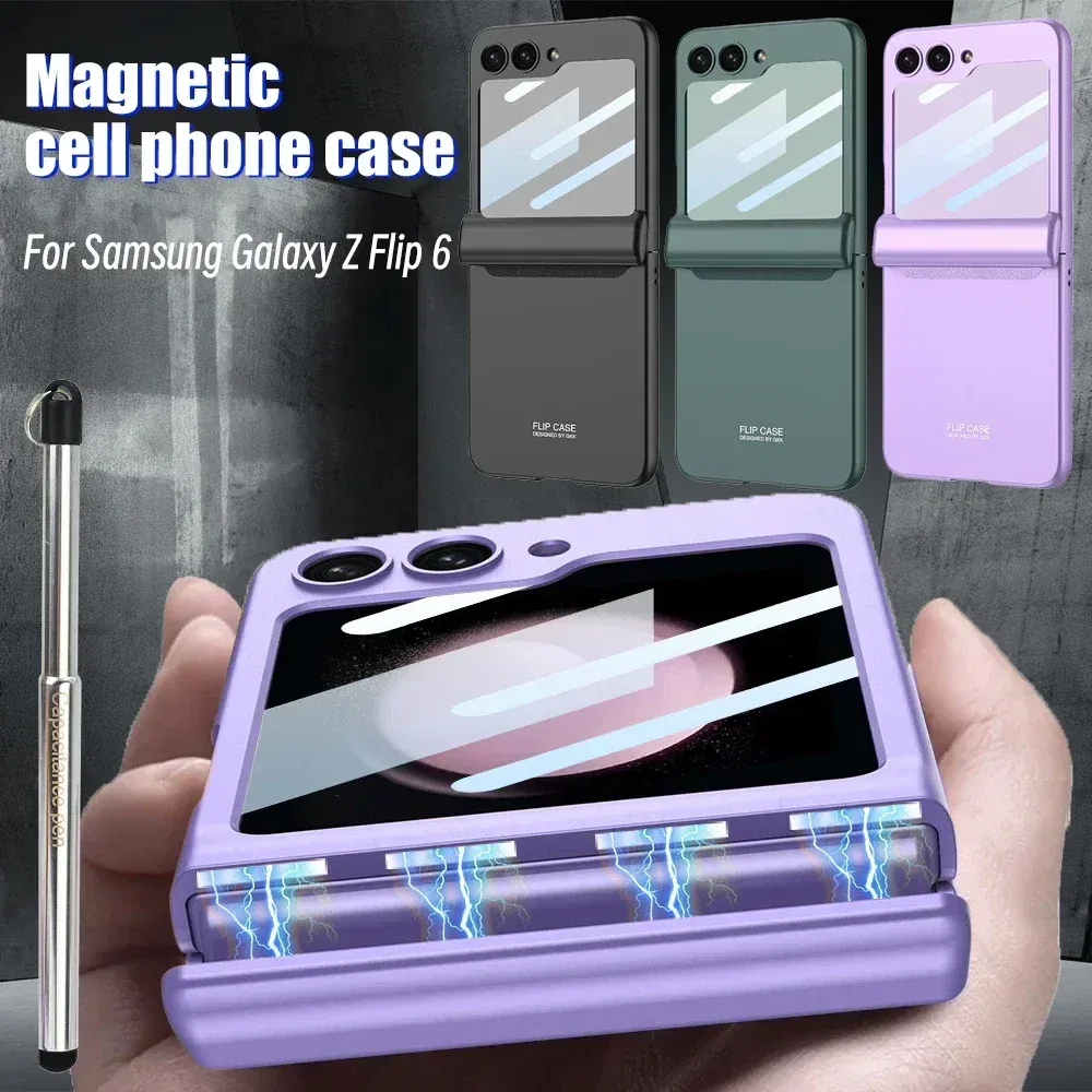 Color: Blue, Bundle: Case & Screen Protector - For Samsung Galaxy Z Flip 6 Magnetic Phone Case with Stylus Pen Hinge Protection Drop-Proof Protective Shell for Z Flip6 Covers