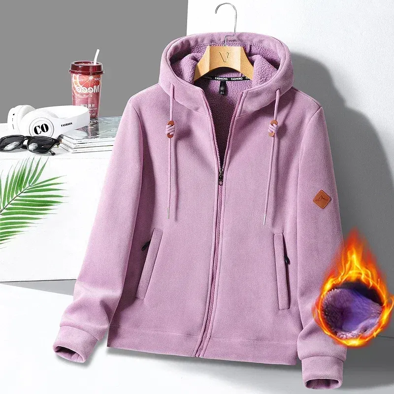 Color: PURPLE, Size: S - Winter Warm Cashmere Jacket Mens High-end Ski Fleece Iined Thickened Hoodie Coat Casual Womens Outdoor Camping Cold-proof Jacket