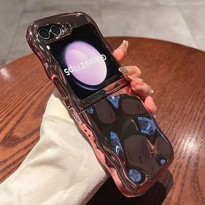 Color: black, Material: aluminum - Cartoon Stone Pattern Gloss Wave Case for Samsung Galaxy Z Flip 6 5 flip6 Plating Meteorite Soft TPU Shockproof Ins Korean Cover