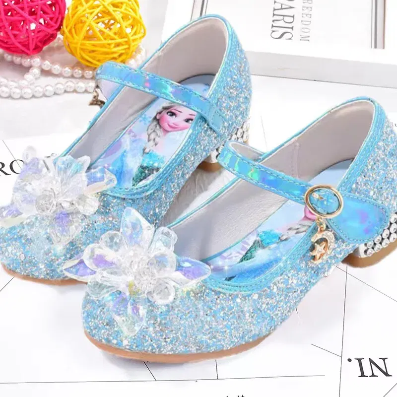 Color: Lavender, Shoe Size: 27 - Disney Princess Elsa Leather Shoes Girls' High Heels Shoes Fashion Girls' Crystal Shiny Children's Blue Pink Shoes Size 26-35