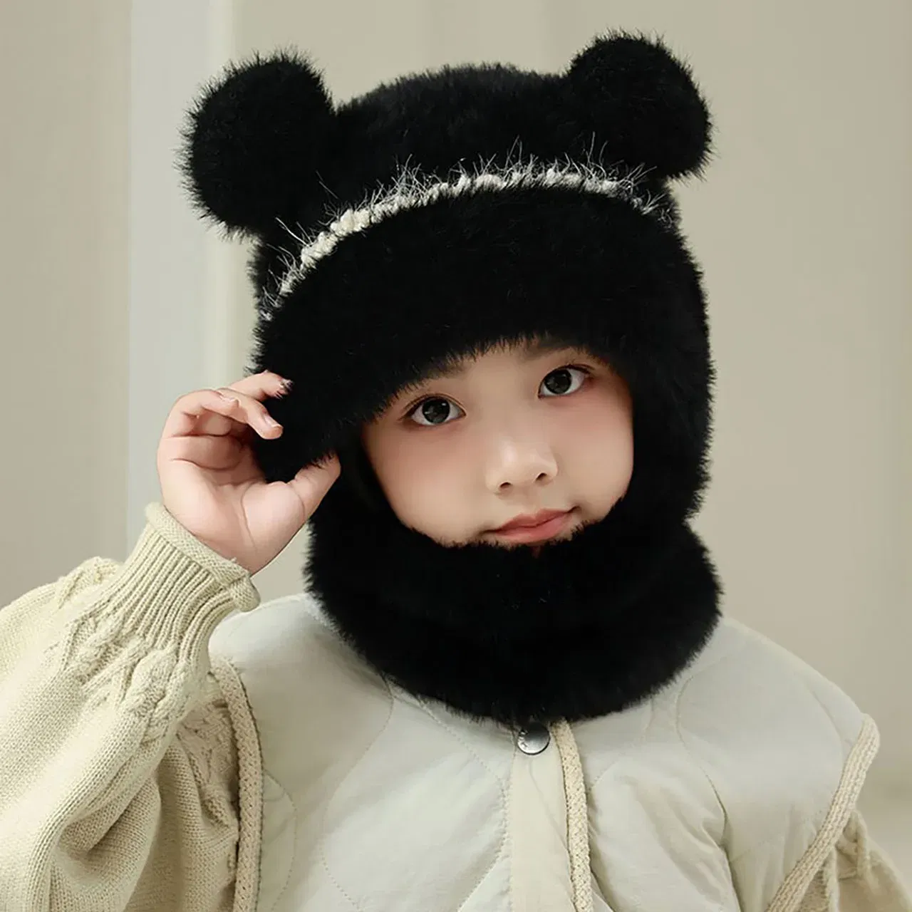 Color: WHITE, Size: XXL - Kids Plush Scarf Pullover Cap Winter Warm Ear Protection Hat 2-10Year Children One-Piece Beanie Baby Velvet Neckerchief Headgear