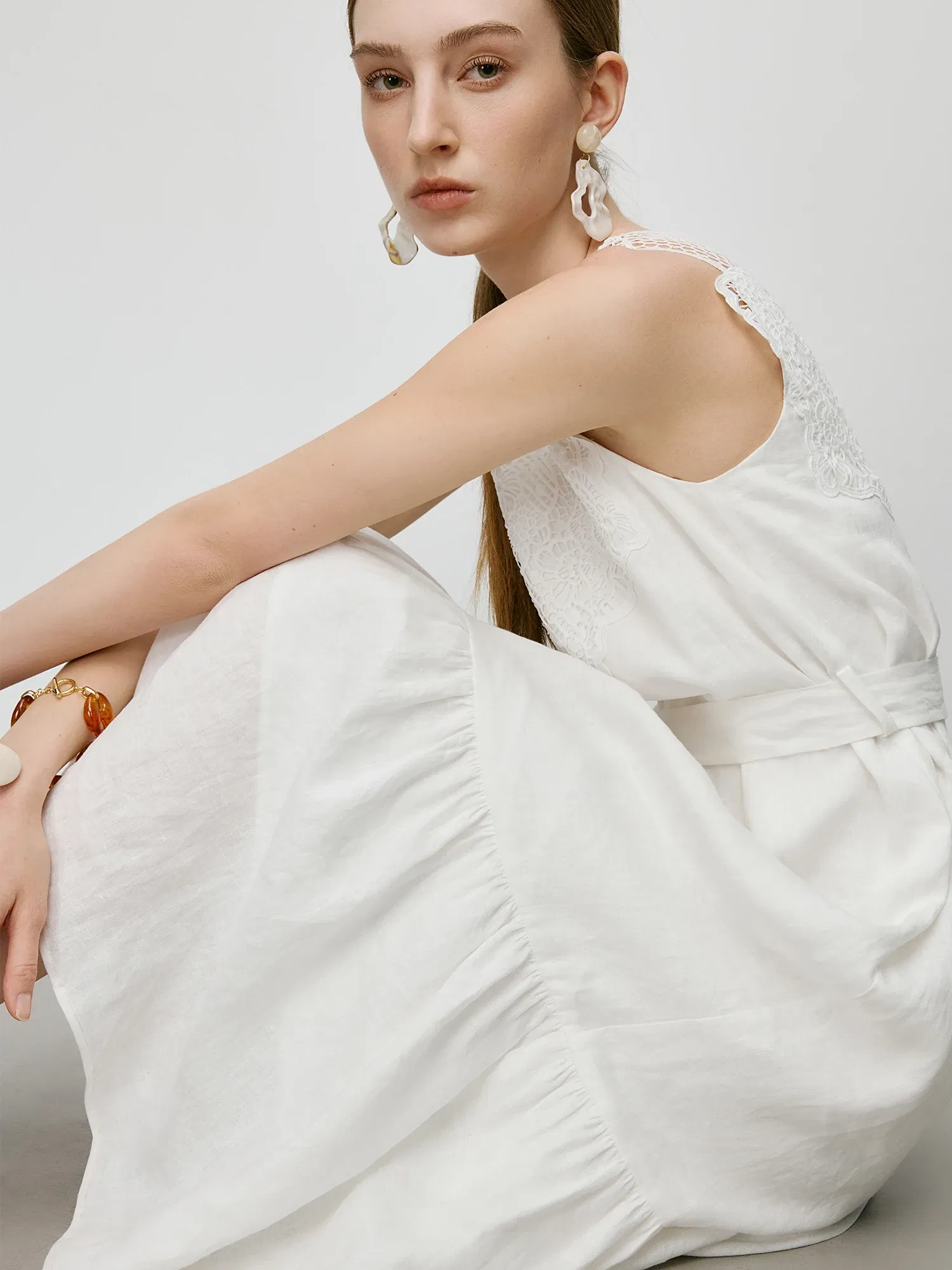 Color: WHITE, Size: M - FSLE【Premium Series?‘100% Linen Holiday Style Sleeveless White Long Dress Women Summer A-LINE Dress With Sashes 25FE12046