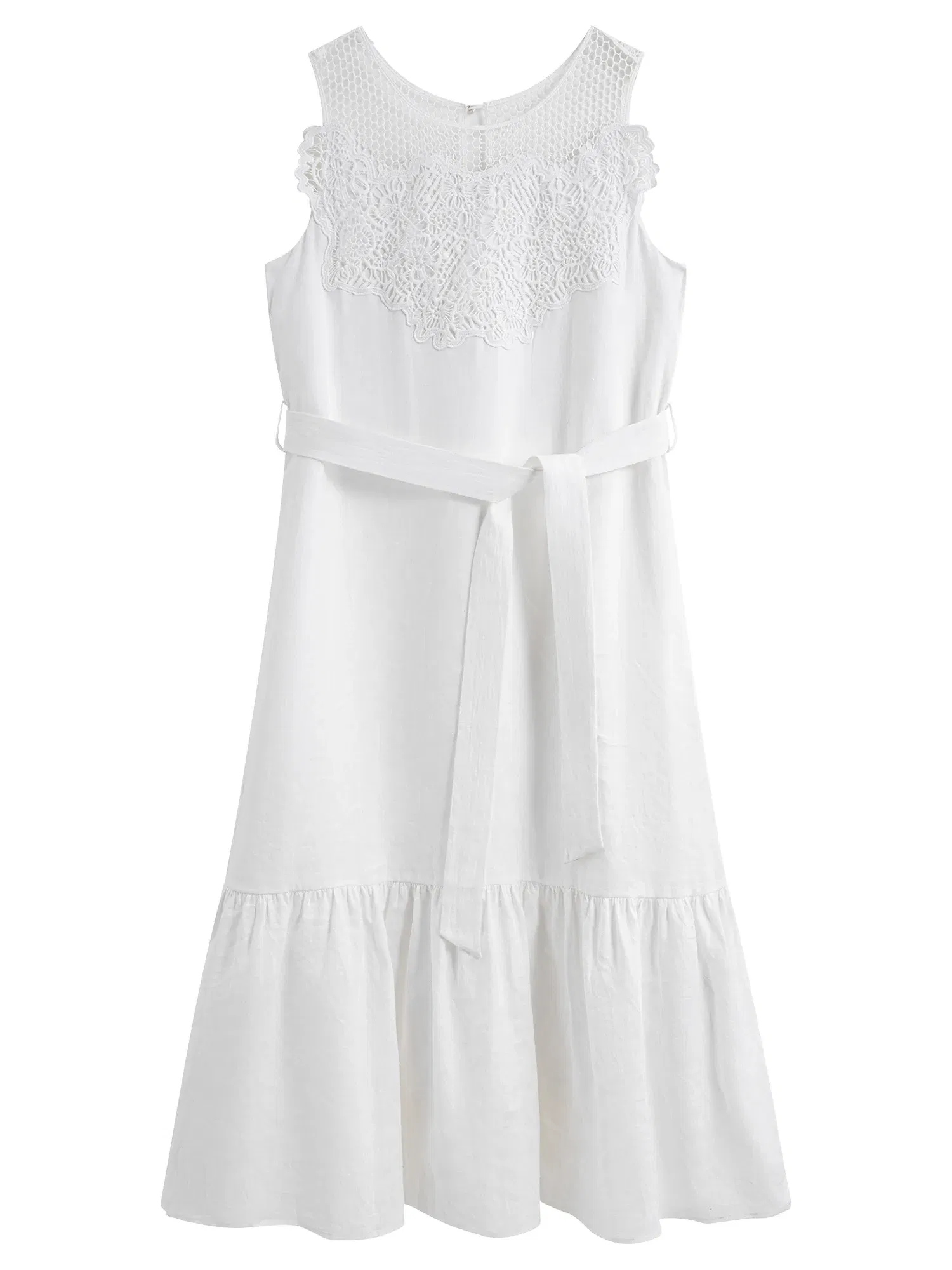 Color: WHITE, Size: M - FSLE【Premium Series?‘100% Linen Holiday Style Sleeveless White Long Dress Women Summer A-LINE Dress With Sashes 25FE12046