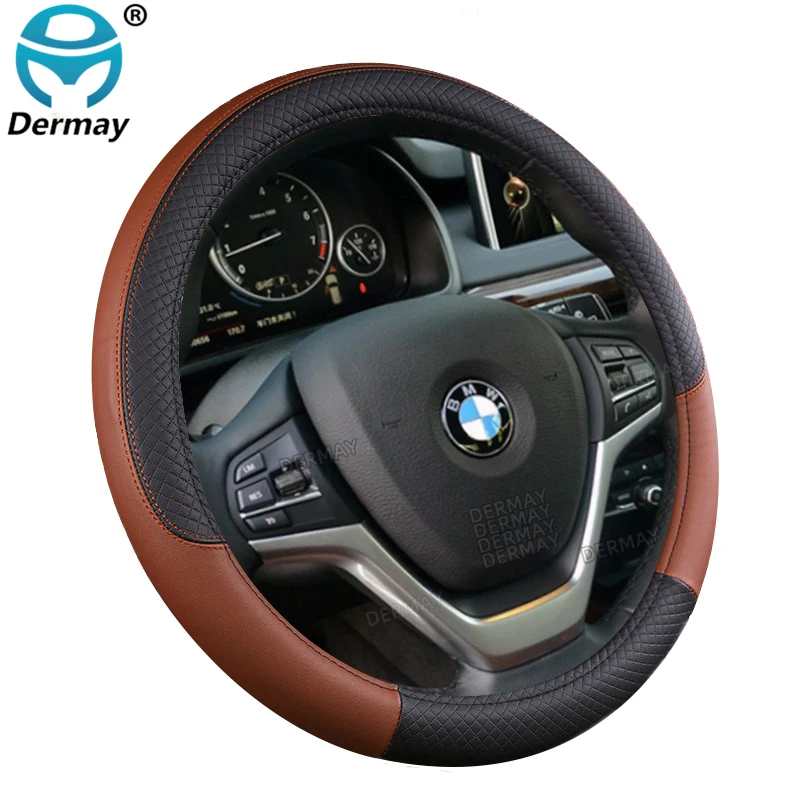 Color Name: Brown - 9 Color Sport Auto Steering Wheel Covers Anti-Slip Leather Car Steering-wheel Cover Car-styling Anti-catch Holder Protor