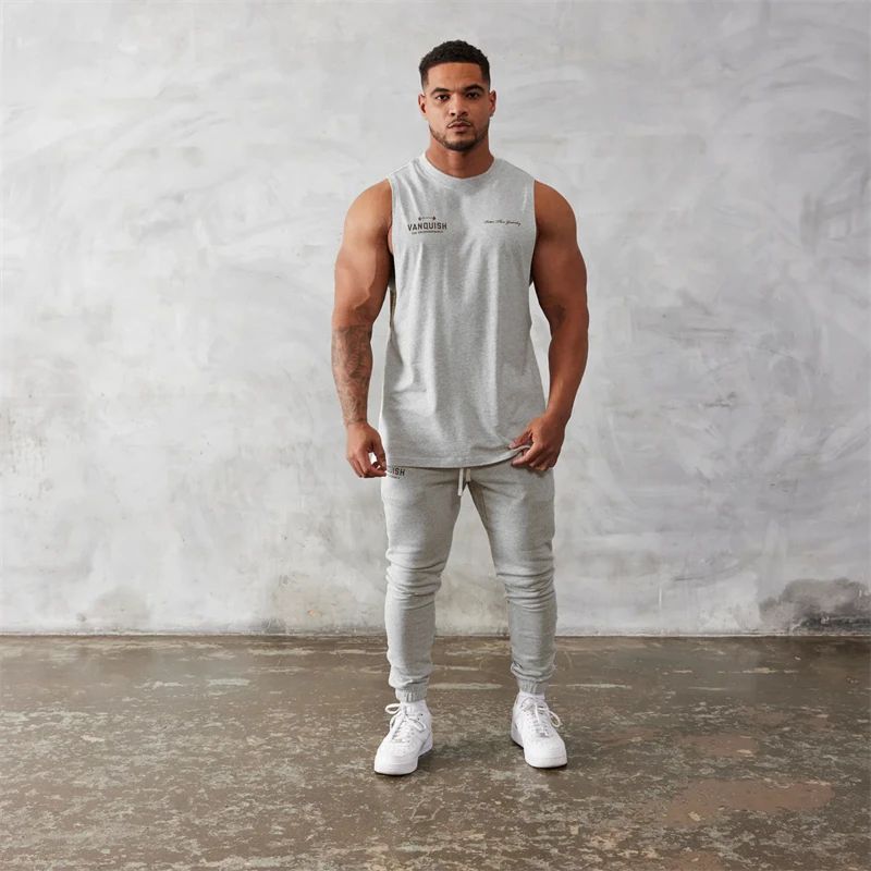 Color: GRAY, Size: XXL - Gym exercise fitness sports men's vest cotton wide shoulder round neck sleeveless shirt slim casual men's wear