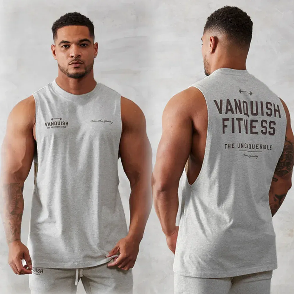 Color: GRAY, Size: XXL - Gym exercise fitness sports men's vest cotton wide shoulder round neck sleeveless shirt slim casual men's wear