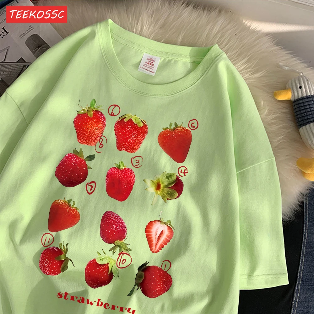 Color: Beige, Size: XL - 100% Cotton Women T-shirt Cute Fresh Strawberries Printed Tee Shirt Summer Comfortable Loose Tops Street Fashion Female Clothes