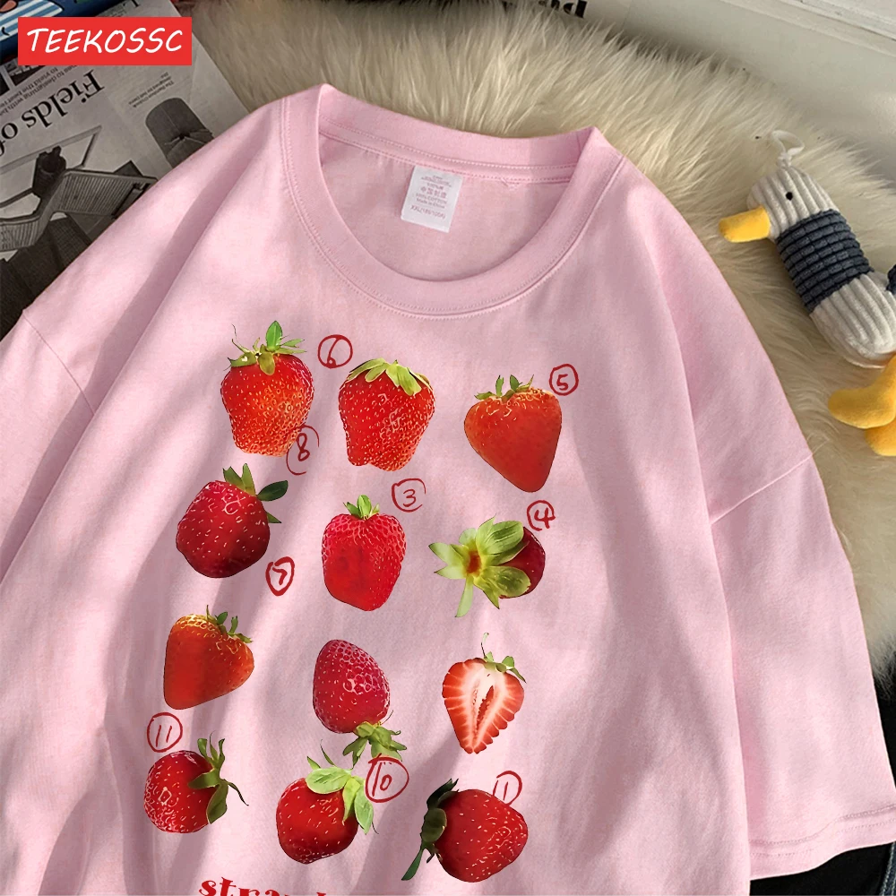 Color: Beige, Size: XL - 100% Cotton Women T-shirt Cute Fresh Strawberries Printed Tee Shirt Summer Comfortable Loose Tops Street Fashion Female Clothes