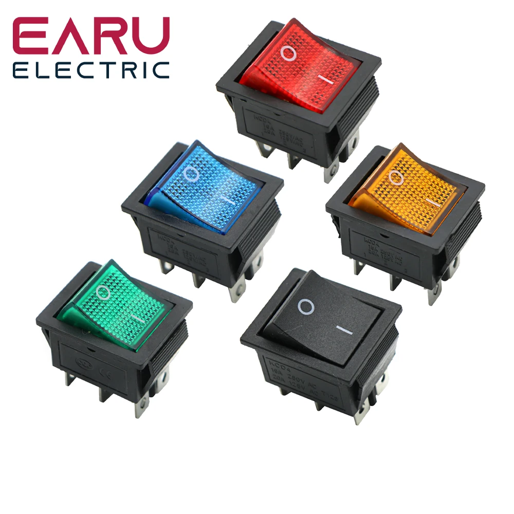 Color: Yellow - Latching Rocker Switch Power Switch I/O 4 Pins With Light 16A 250VAC 20A 125VAC KCD4 DPST Red Yellow Green Blue Black Boat