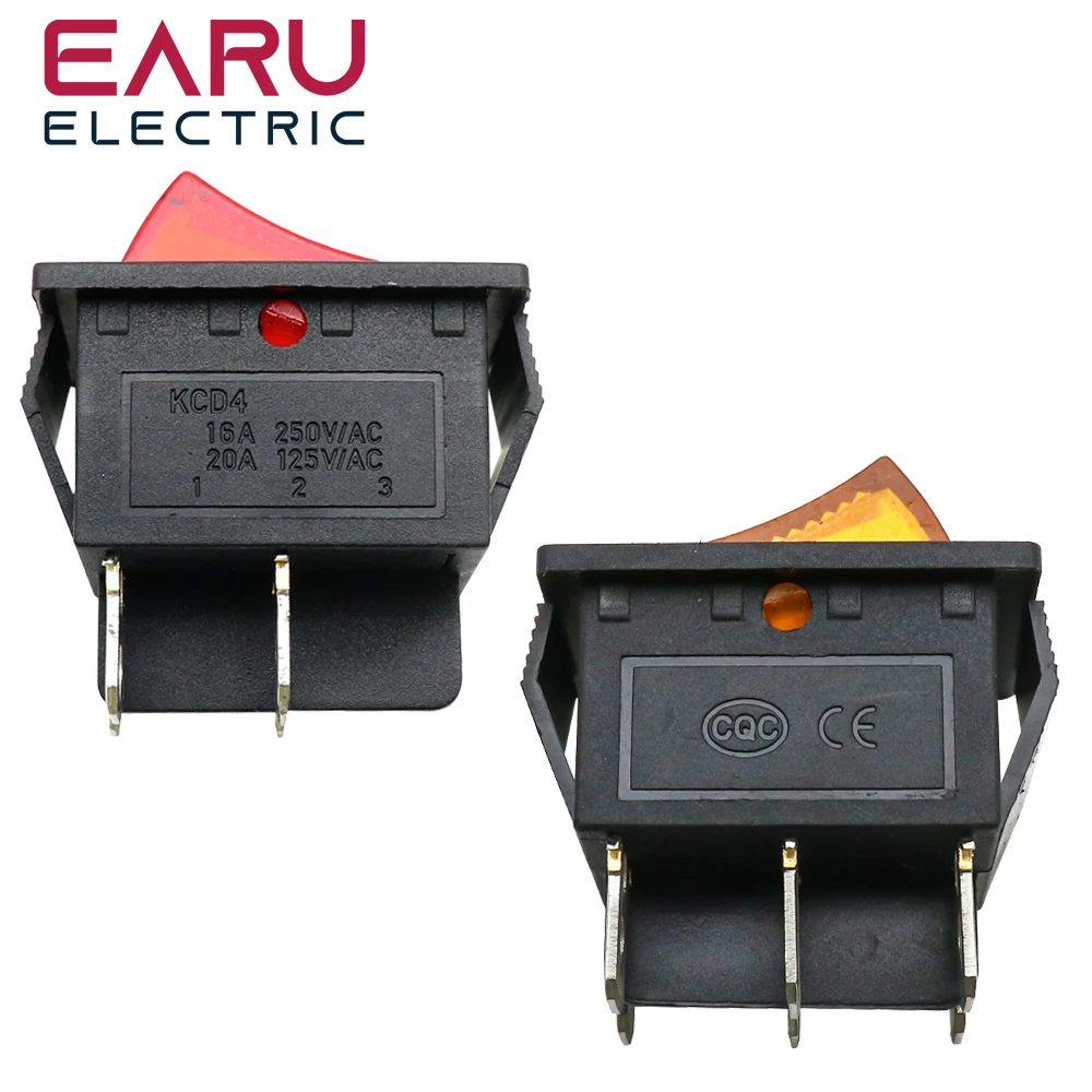 Color: Yellow - Latching Rocker Switch Power Switch I/O 4 Pins With Light 16A 250VAC 20A 125VAC KCD4 DPST Red Yellow Green Blue Black Boat