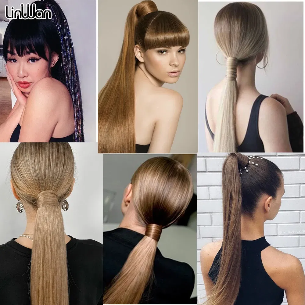 Color: #26 - LINWAN Synthetic Long Straight Wrap Around Clip In Ponytail Hair Extension Heat Reistan Pony Tail Fake Hair