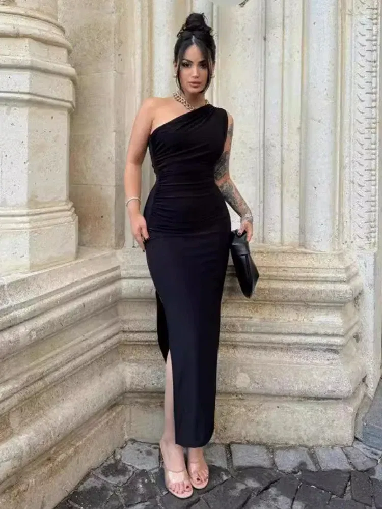 Color: black, Size: L - Summer Black New Dress Women Fashion Sexy Split Sleeveless Backless Slim Maxi Dress Female Casual Club Elegant Lady Party Dress