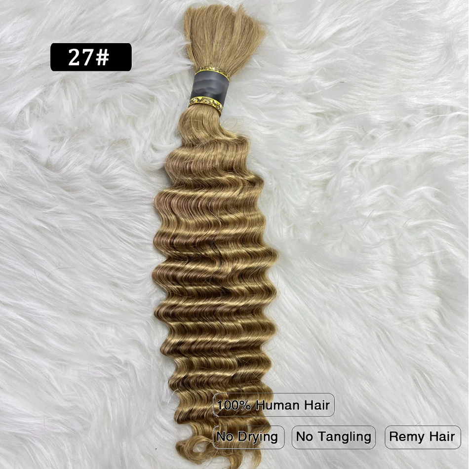 Color: T4/27/30, Stretched Length: 18inches - Pre-Colored Brazilian Deep Wave Bulk Human Hair No Weft Remy Bulk Human Hair 14 To 28 Inch Bulk Hair Extension Crochet Braids