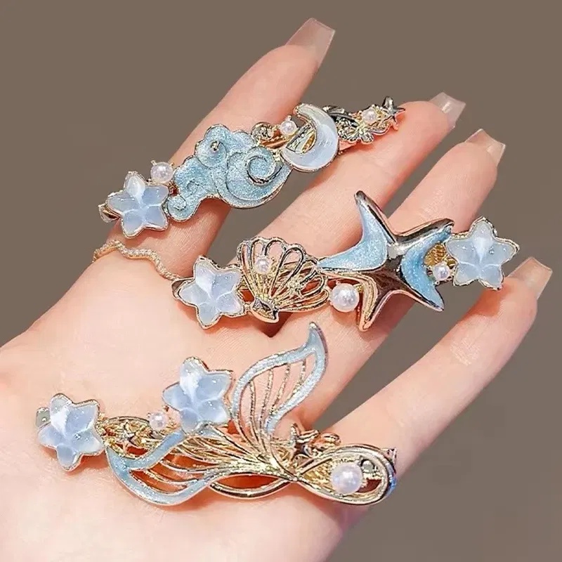 Color: Blue - Dreamy Blue Fishtail Starfish Glaze Duckbill Clip Women Forehead Bangs Barrettes Alloy Side Clip Super Fairy Hair Accessories