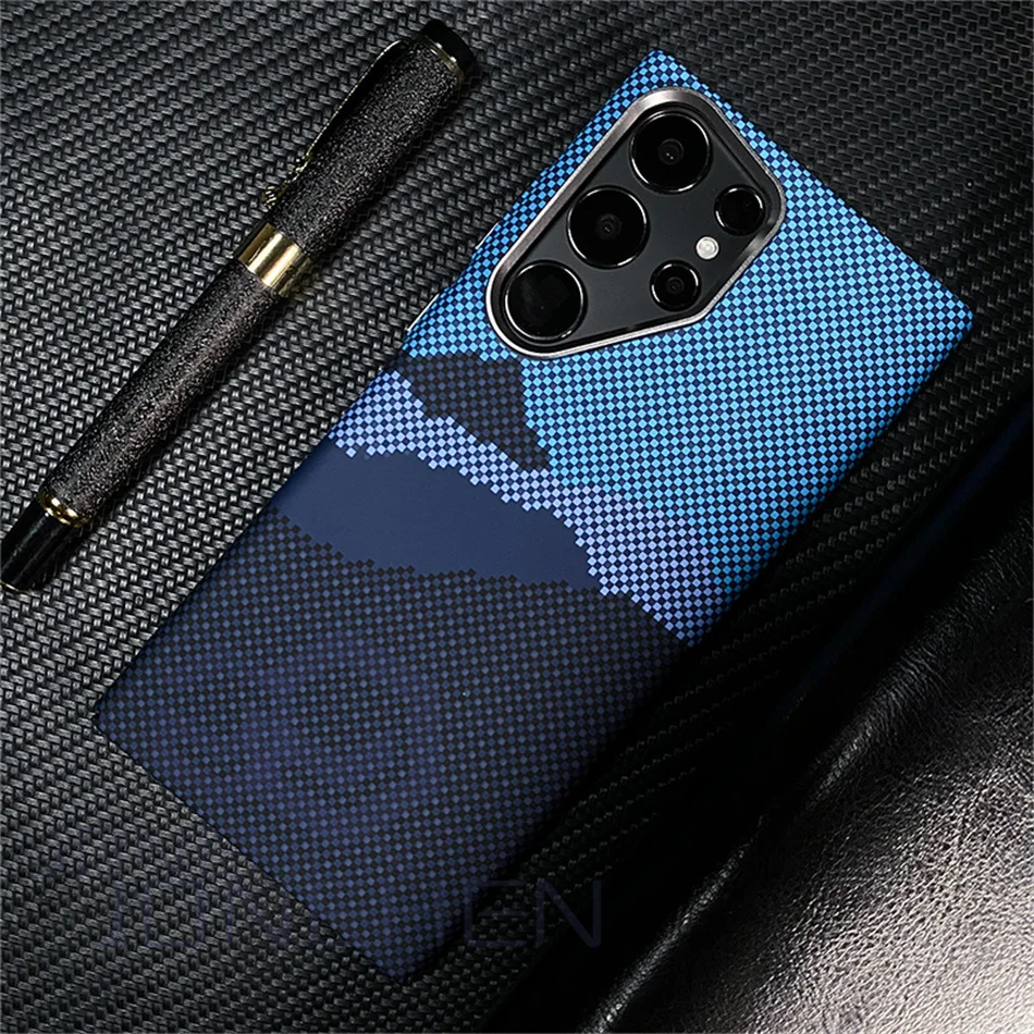 Color: black, Material: Genuine leather - Carbon Fibre 3D Relief For MagSafe Case For Samsung Galaxy S24 Ultra S23 Plus Wireless Charge Hard PC Shockproof Magnetic Cover