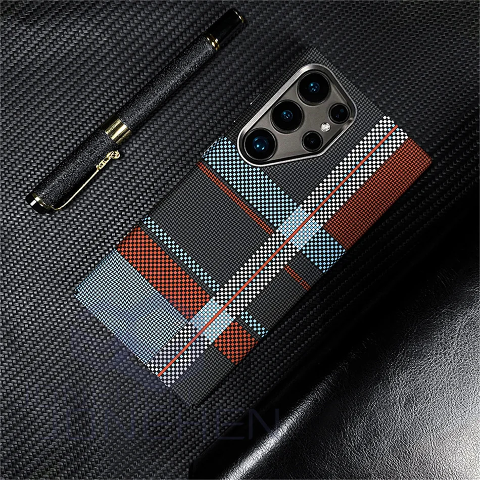 Color: Ivory, Material: Genuine leather - Carbon Fibre 3D Relief For MagSafe Case For Samsung Galaxy S24 Ultra S23 Plus Wireless Charge Hard PC Shockproof Magnetic Cover