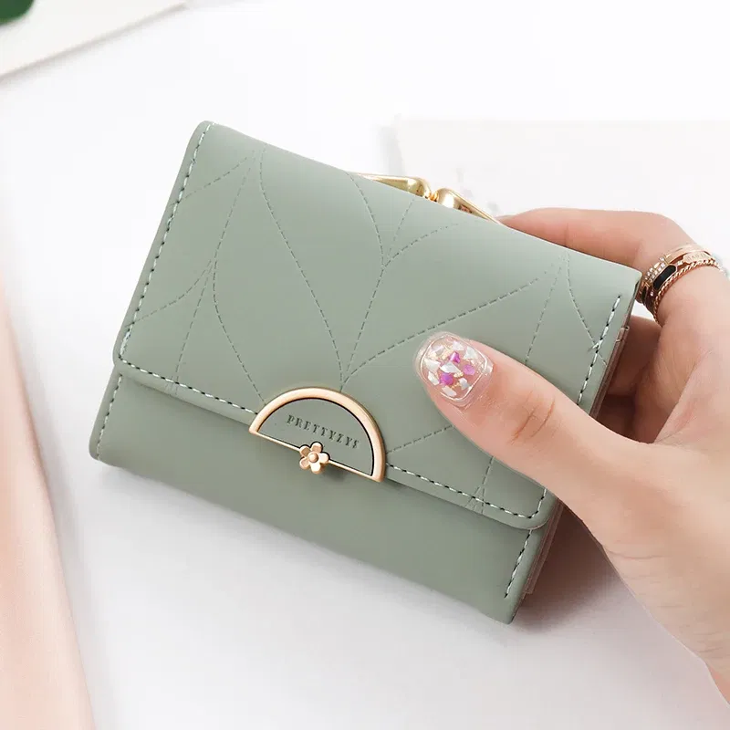 Color: Blue - 024 Women's summer new women's short wallet Japan and South Korea PU leather hardware buckle three fold bag high texture multi-c
