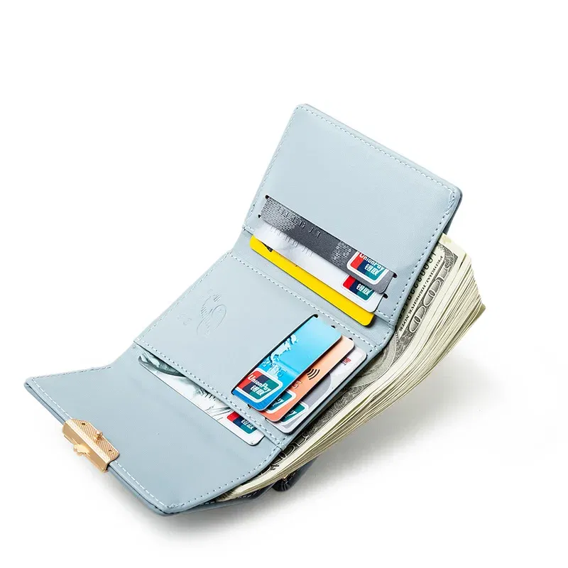 Color: Blue - 024 Women's summer new women's short wallet Japan and South Korea PU leather hardware buckle three fold bag high texture multi-c