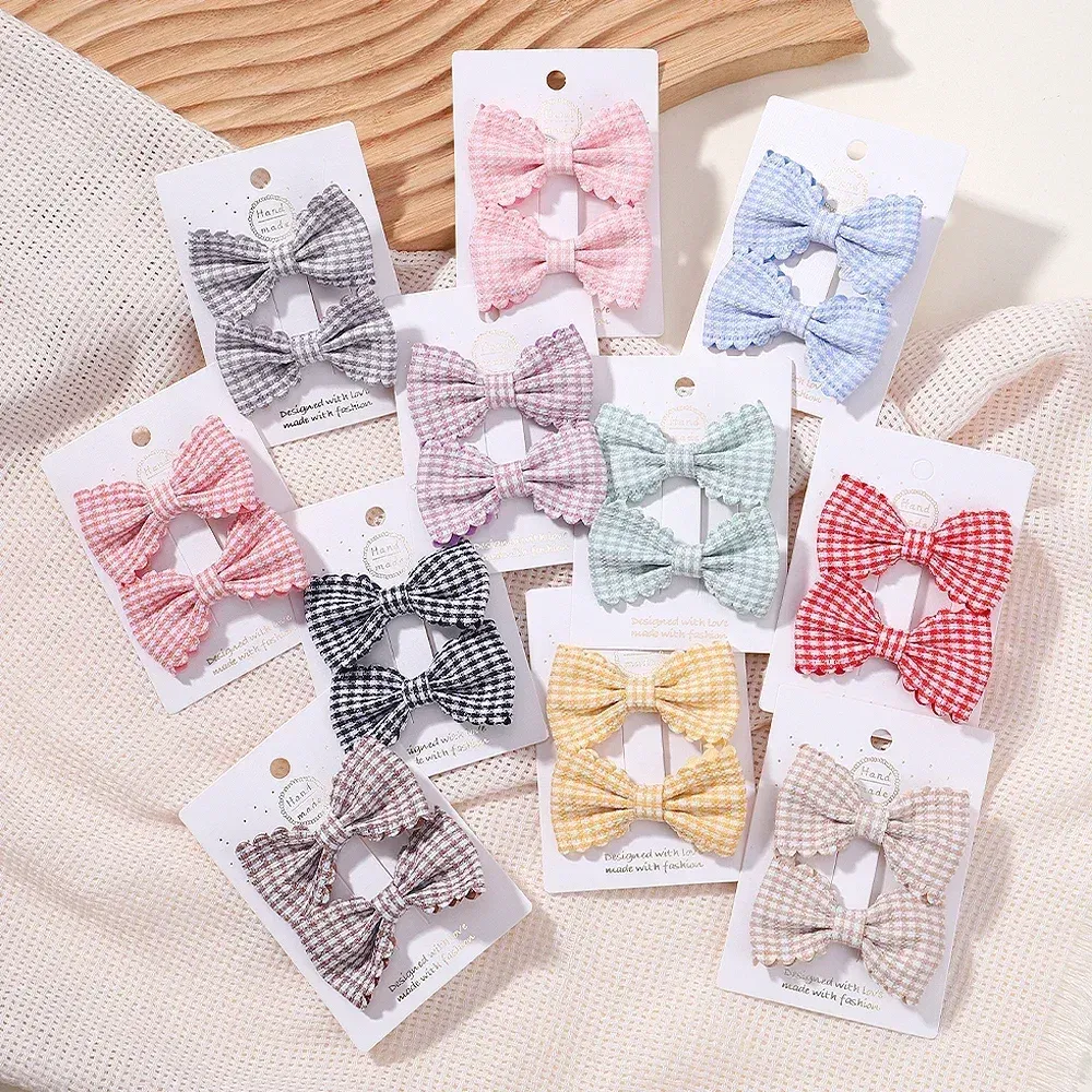 Color: Coffee - 2Pcs/Set Solid Color Kids Bows Hair Clips for Baby Girls Handmade Plaid Bowknot Hairpin Barrettes Photograph Hair Accessories